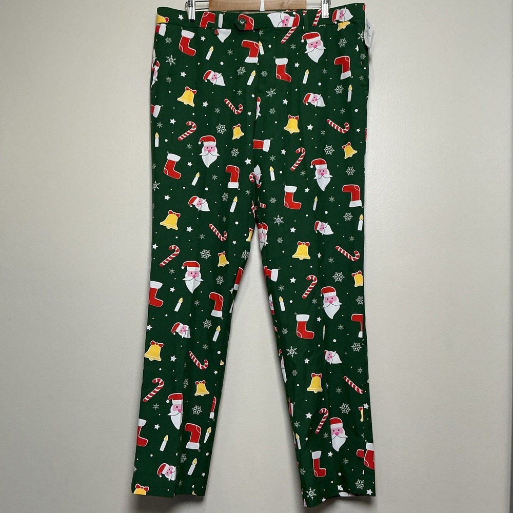 OPPOSUITS Christmas Pants‎ Men's 48 x 34 Green Santa Bells Candy Cane Novelty